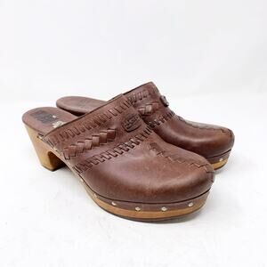 UGG Australia Vivica Brown Leather Clogs Mules Chunky Wood Sole Woven Size 8